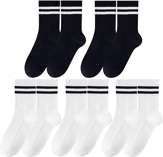 5 Pairs Solid Color Two Stripe Crew Socks Casual Athletic Socks for women Girls | Amazon (US)