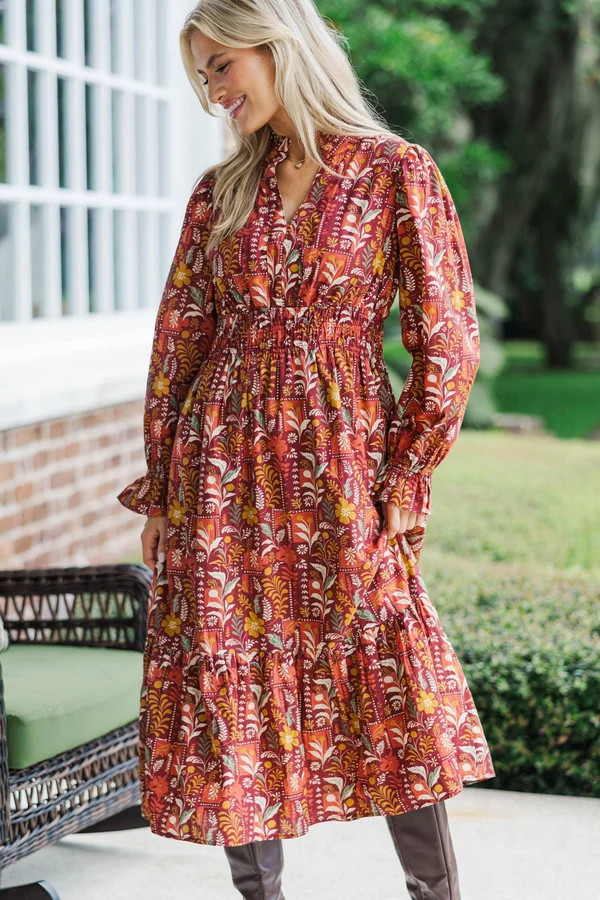 Gracefully As She Goes Burgundy Floral Midi Dress | The Mint Julep Boutique