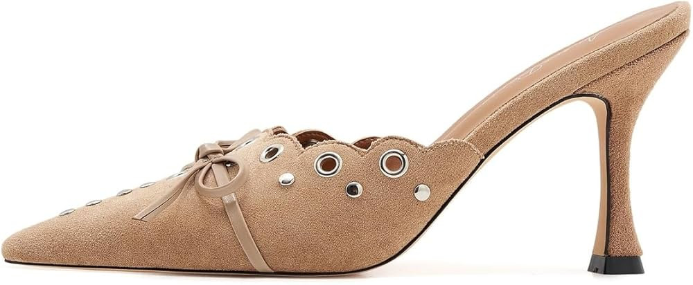 Bow Tie Heeled Mules Studs Pumps Pointy Kitten Heel Dress Heels | Amazon (US)
