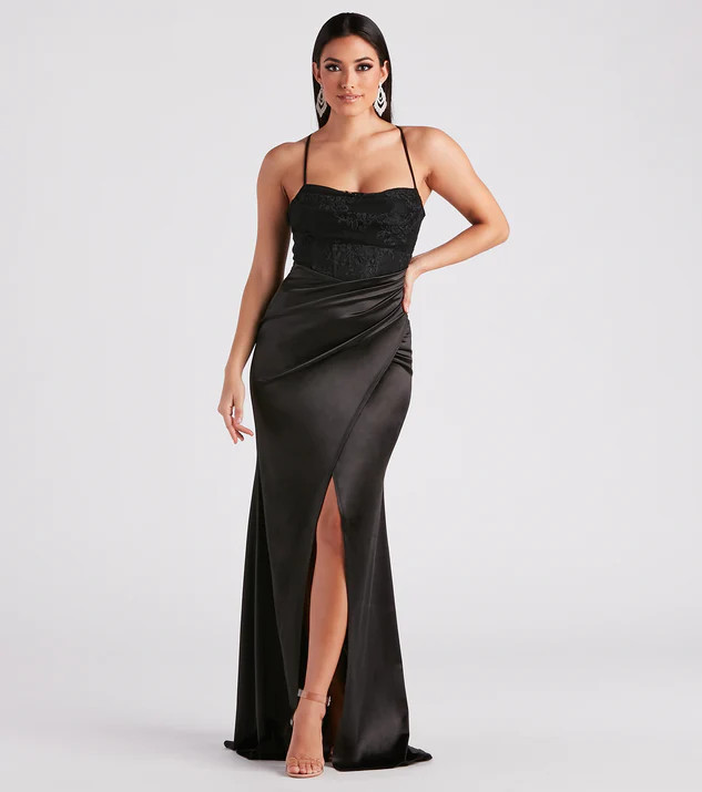 Janie Formal Satin Lace Long Dress | Windsor Stores