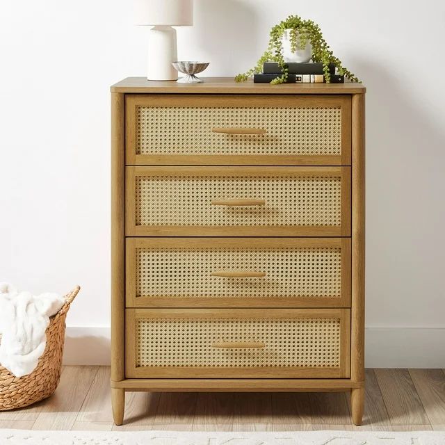 Better Homes & Gardens Springwood Caning 4-Drawer Dresser, Light Honey Finish | Walmart (US)