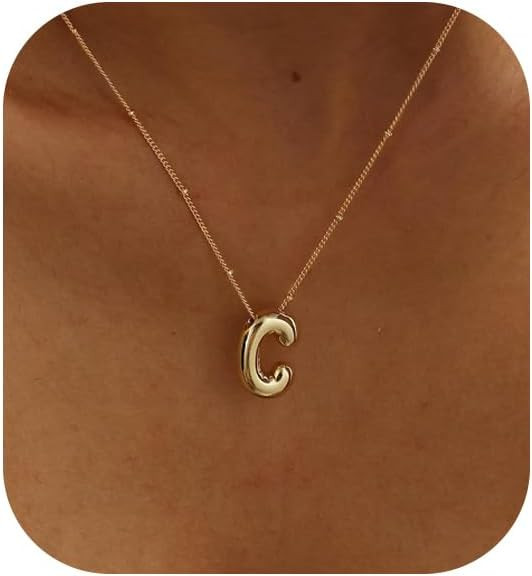Gold Bubble Letter Necklace for Women, 14k Gold Plated Balloon Initial Letter Pendant Necklace Da... | Amazon (US)