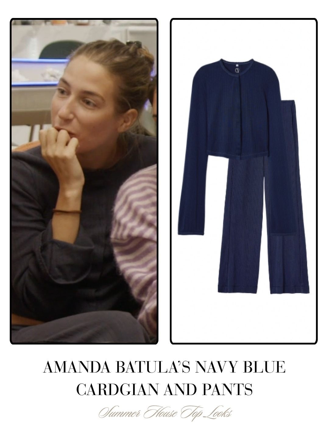 Amanda Batula’s Navy Blue Cardigan and Pants // Sold by Daphne the Label