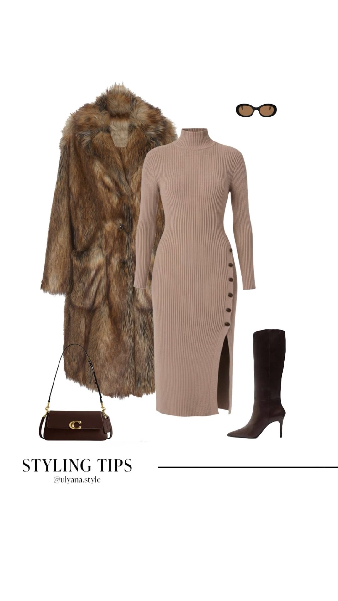 Winter outfit inspo with a cozy midi sweater dress, faux fur long coat, brown knee high boots, brown shoulder bag and sunglasses — perfect winter date night outfit or dinner outfit idea you’ll reach for again and again. Easy knit dress with boots look that works for city nights, weekend plans, holiday outings and chic cold weather outfits.
.
.
.
.
.
#LTKdayinmylife #LTKgrwn #LTKootd #LTKSeasonal #LTKU #LTKSaleAlert #LTKFindsUnder100 #LTKUnder50 #LTKWorkwear #LTKTravel

Sweater dress outfit | sweater dress and boots | brown coat | fur coat outfit | coat with dress | fuzzy coat | dress and boots | date night dress  | midi dress outfit | dress outfits | date night outfits | winter coat | winter dress | winter boots | brown boots | designer bags | winter bag | classy outfits | 