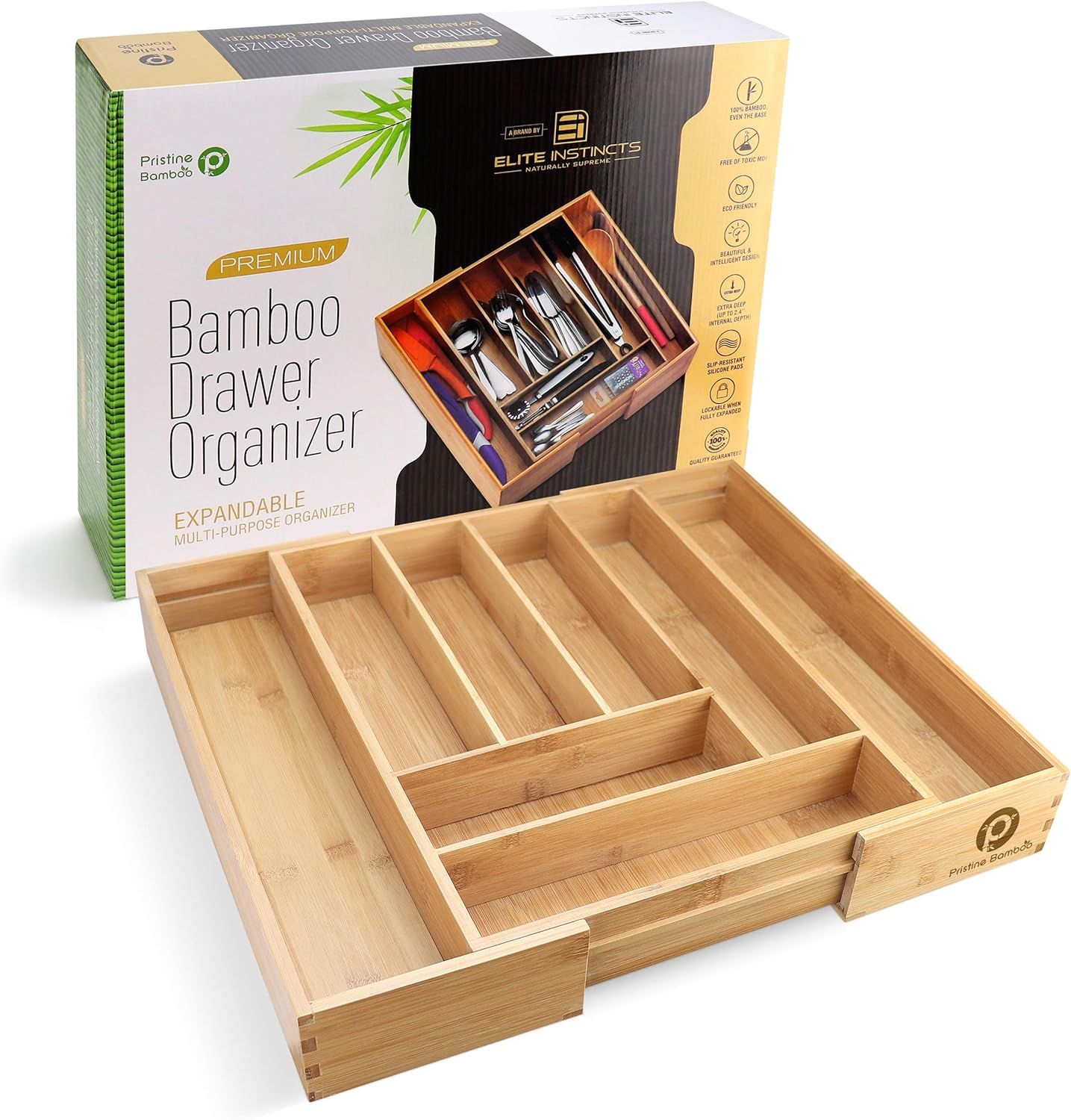 Pristine Bamboo Adjustable Flatware Drawer Organizers - Large Extra Deep 17 x 12.5” - Non-Slip ... | Amazon (US)