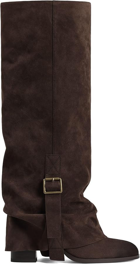 Wide Calf Knee High Boots For Women Fold Over Slouchy Round Toe Buckle Tall Shoes | Amazon (US)