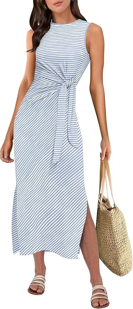 ANRABESS Womens Summer Casual Sleeveless T Shirt Maxi Dress Slim Fit Tie Waist Split Tank Long Dr... | Amazon (US)