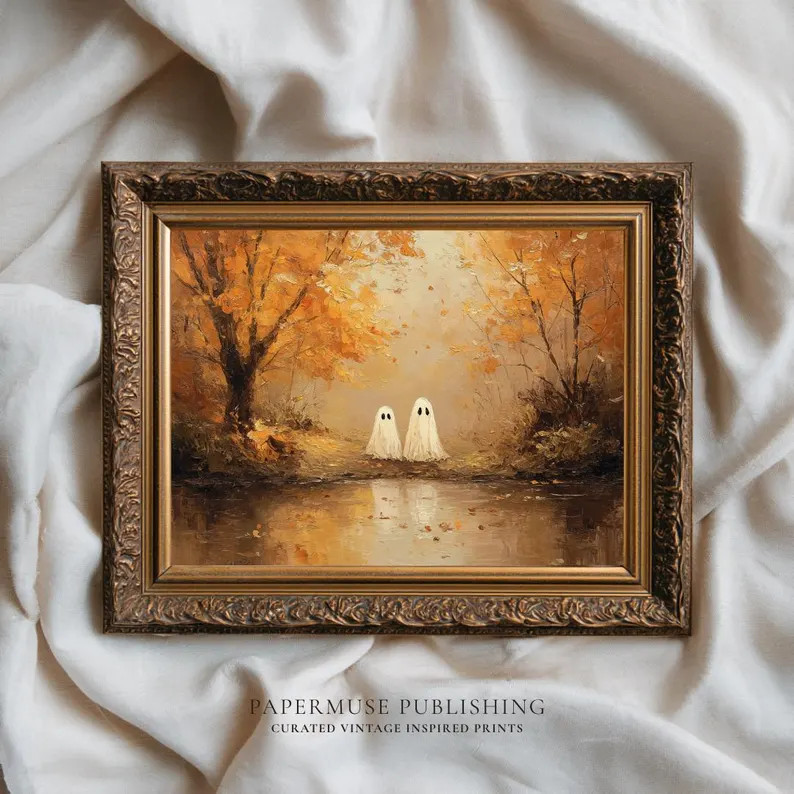 Ghosts by a Lake Art Print, Spooky Cute Halloween Fall Painting Digital Download, Printable Wall ... | Etsy (Global)