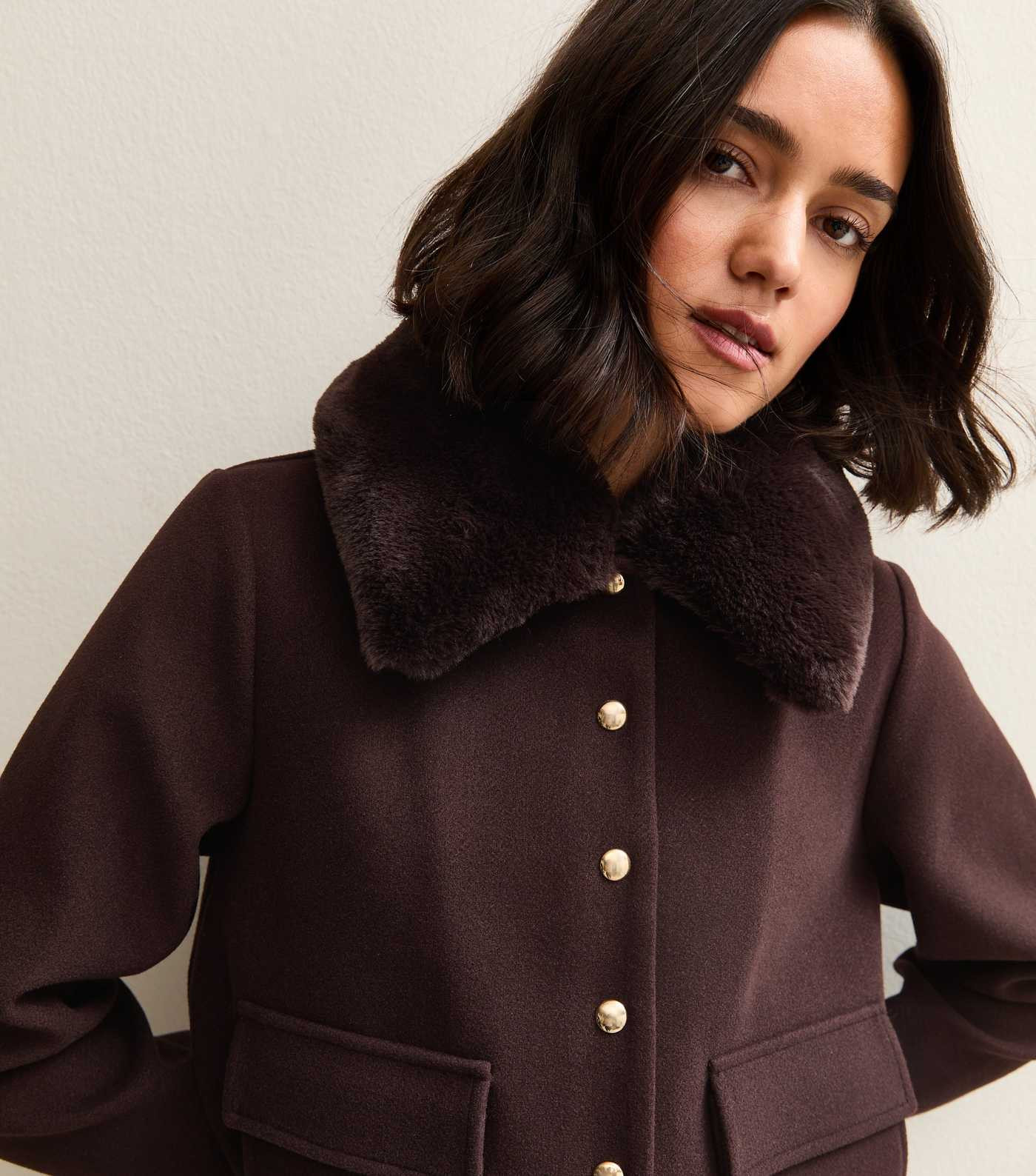 Dark Brown Faux Fur Collar Short Shacket | New Look | New Look (UK)