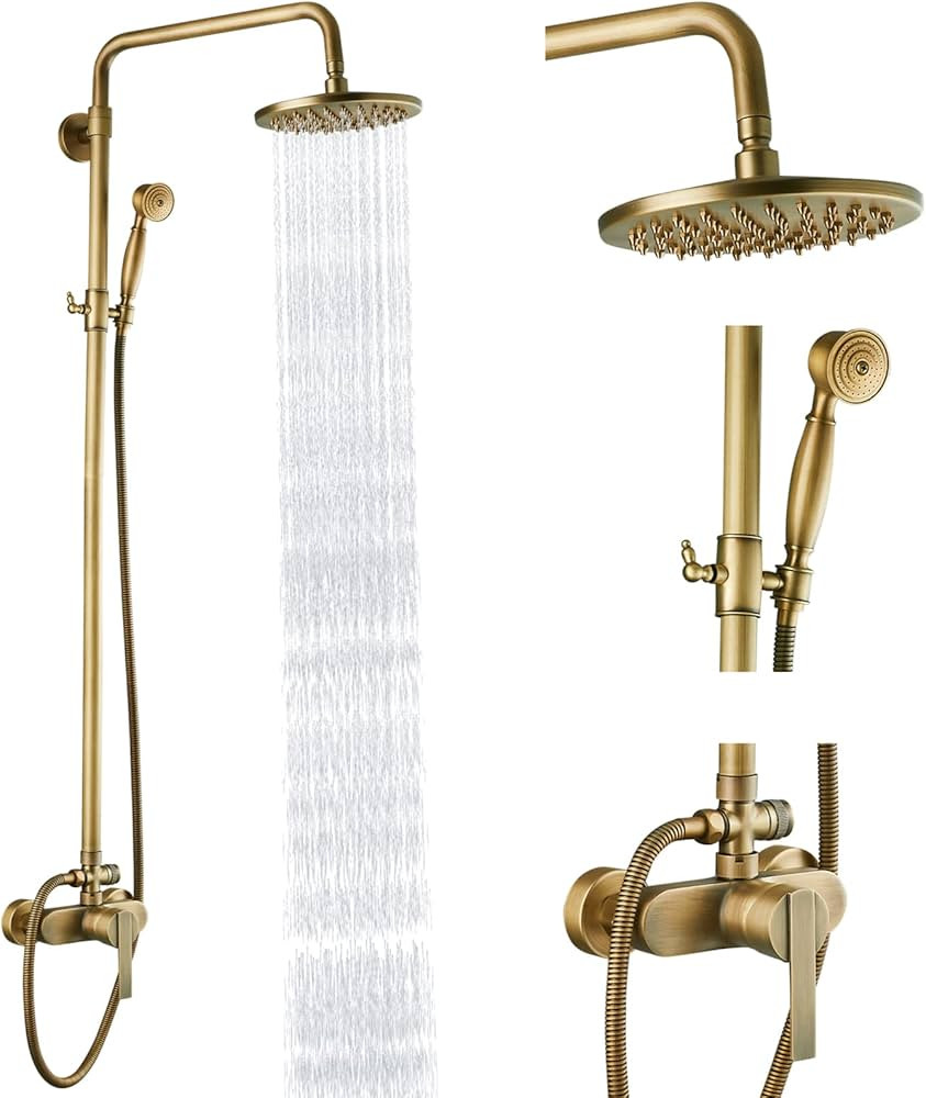Antique Brass Exposed Pipe Shower System 8 Inch Rainfall Shower Head Brass Fixture Combo Set Sing... | Amazon (US)