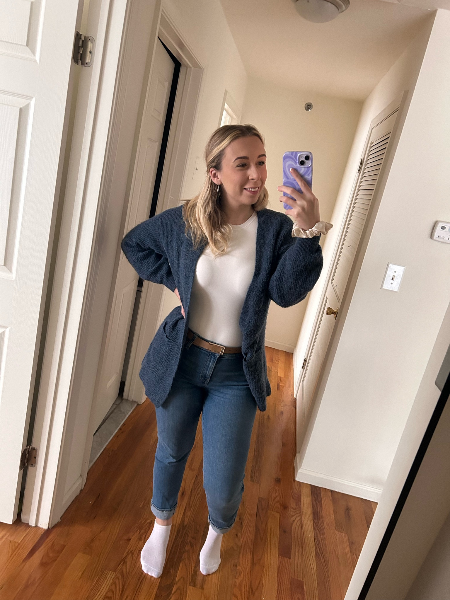 Work outfit. Keeping it casual 
Sweater with tee shirt bodysuit and jeans 

#LTKU #LTKWorkwear #LTKMidsize