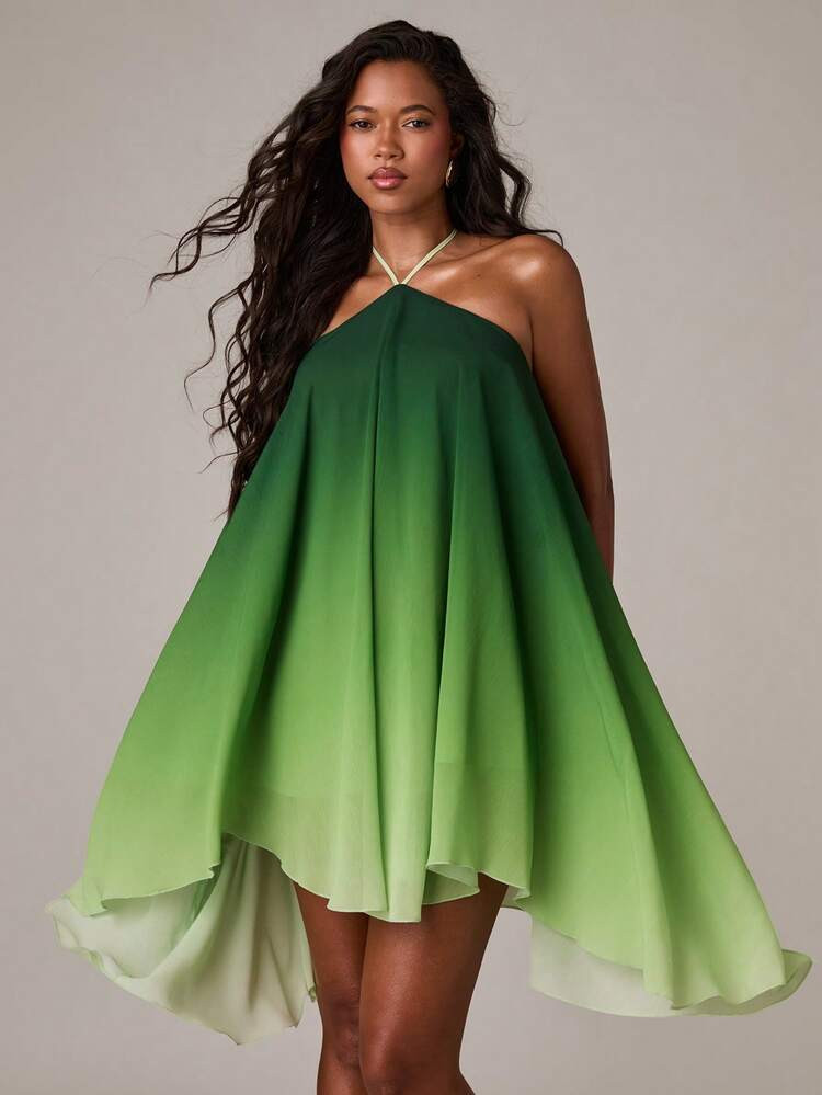 SHEIN BAE Women's Sexy Halter A-Line Asymmetrical Hem Ombre Print Dress, Suitable For Casual Vacation, Sexy Playful Dress, Y2K, Sweet Sexy Green Dress | SHEIN