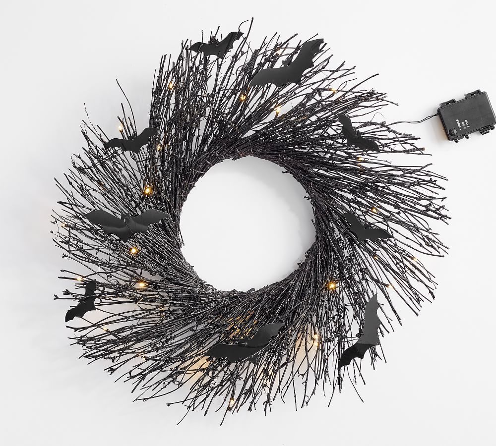 Pre-Lit Black Glitter Branch Wreath with Bats | Pottery Barn (US)