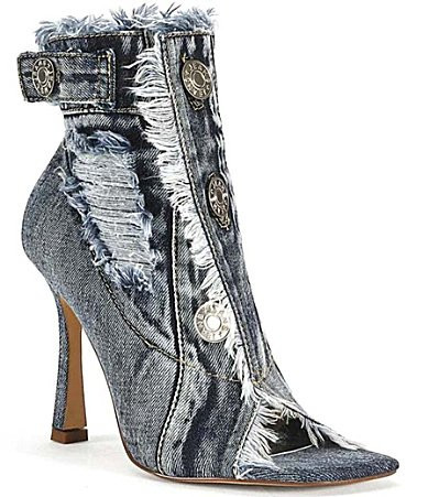 Azalea Wang Tandy Distressed Denim Peep Toe Booties - 6.5 | Dillard's