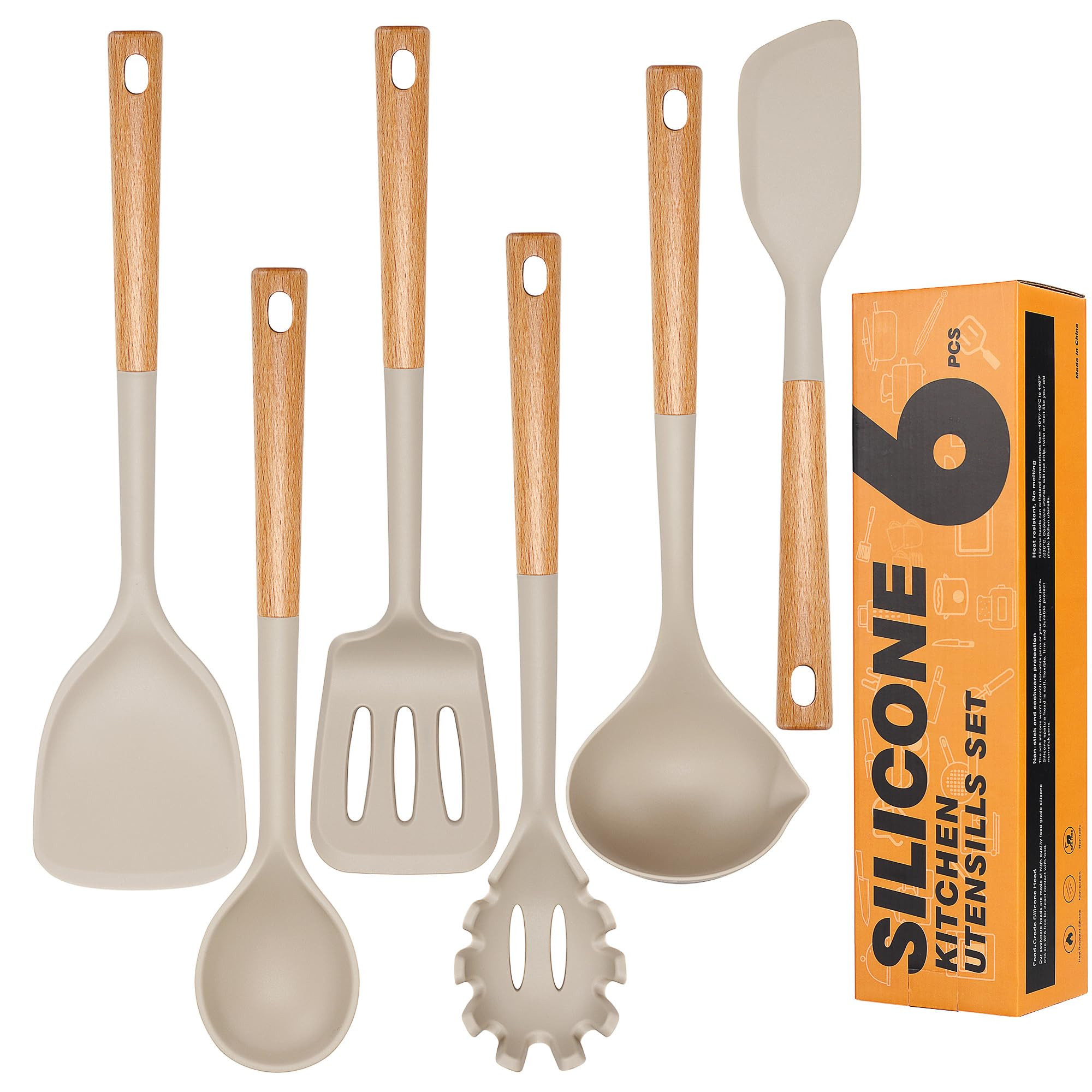 Silicone Cooking Utensils Set, Heat Resistance Large Kitchen Utensils Set with Long Wooden Handle... | Amazon (US)