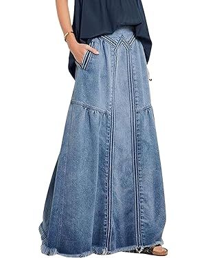 CHARTOU Women's Retro Elastic High Waist Frayed A-Line Maxi Denim Skirt with Pockets | Amazon (US)