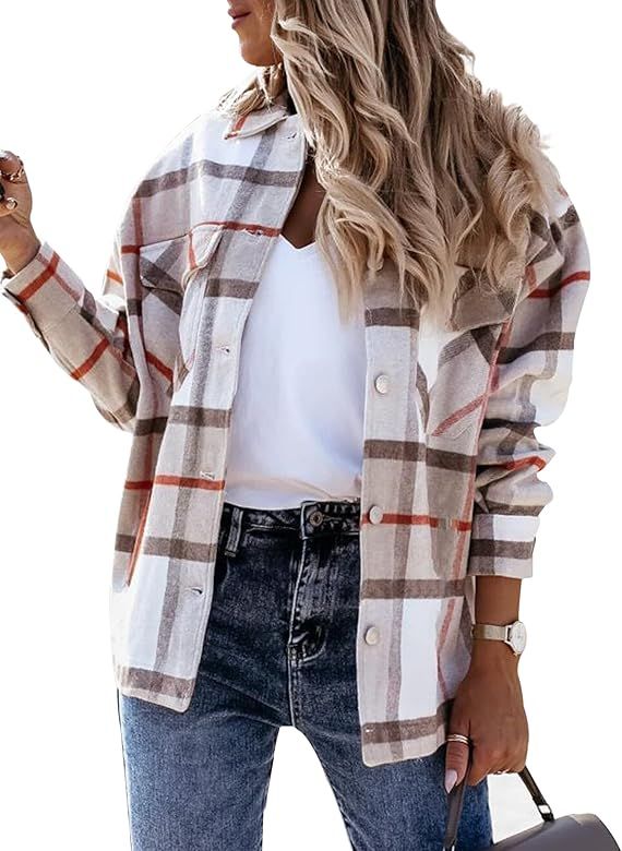 MISSACTIVER Women Flannel Plaid Printed Button Down Shirt Stand Collar Long Sleeve Casual Loose J... | Amazon (US)