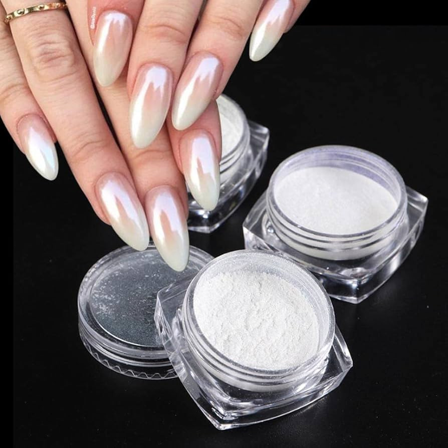 2 Boxes White Pearl Chrome Nail Powder, Mirror Effect Aurora Magic Pearlescent White Nail Powder ... | Amazon (US)