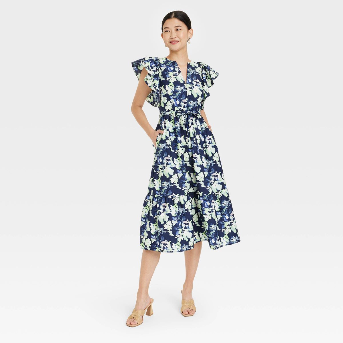 Women's Flutter Short Sleeve Poplin Tiered Midi Dress - A New Day™ Navy Floral S | Target