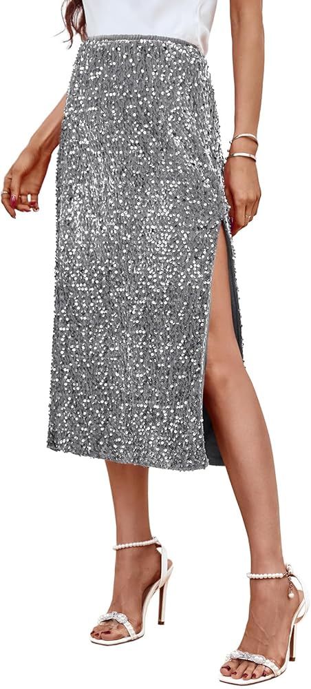 Wenrine Women's Sequin Skirts Midi Sexy High Waisted Nightout Bodycon Party Slit Skirt | Amazon (US)