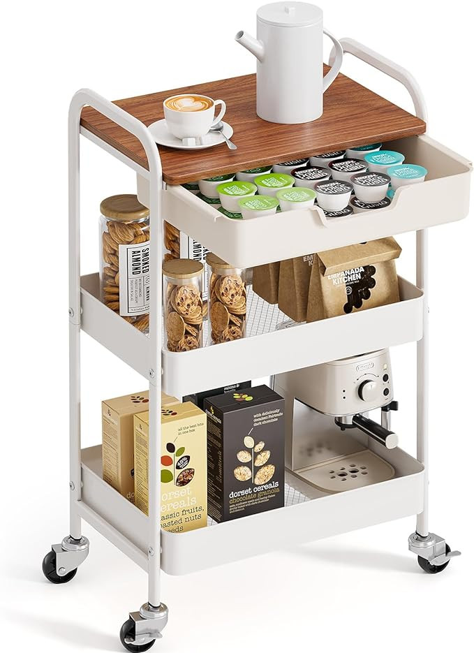 TOOLF 3-Tier Metal Utility Rolling Cart with Drawer & Wooden Table Top, Storage Cart White Trolle... | Amazon (US)