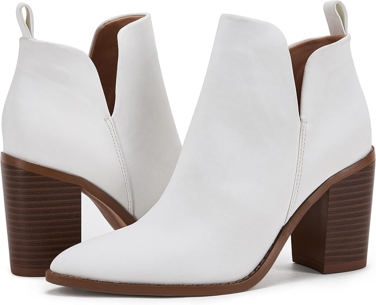 PiePieBuy Women's Side V Cutout Ankle Booties Pointed Toe Chunky Stacked Mid Heel Slip on Western Bo | Amazon (US)