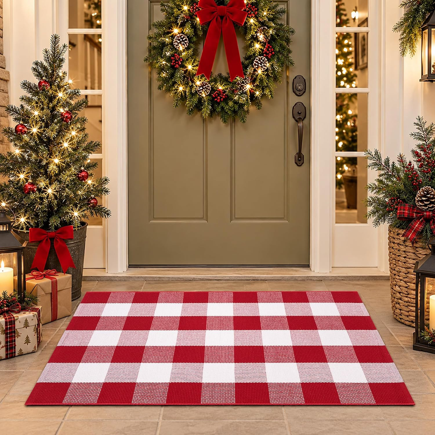 Christmas Red and White Plaid Rug, 28 x 43 Inches Cotton Hand-Woven Layered Door Mat for Front Porch, Entryway, Outdoor Holiday Decor, Washable Buffalo Check Rug for Home, Patio, Kitchen | Amazon (US)