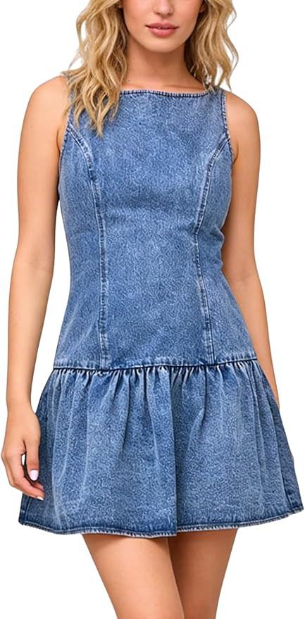 Omoone Women's Sleeveless Bodycon Mini Denim Dress Summer Boat Neck Stretchy Slim Fit A-Linen Fla... | Amazon (US)