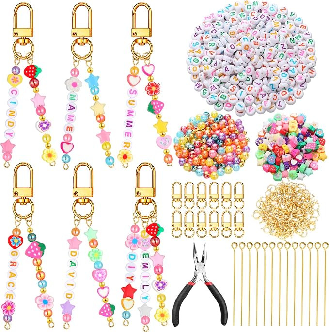 Cunno 713 Pcs DIY Summer Keychain Making Kit Strawberry Key Chain Making Craft Heart Mama Tropica... | Amazon (US)