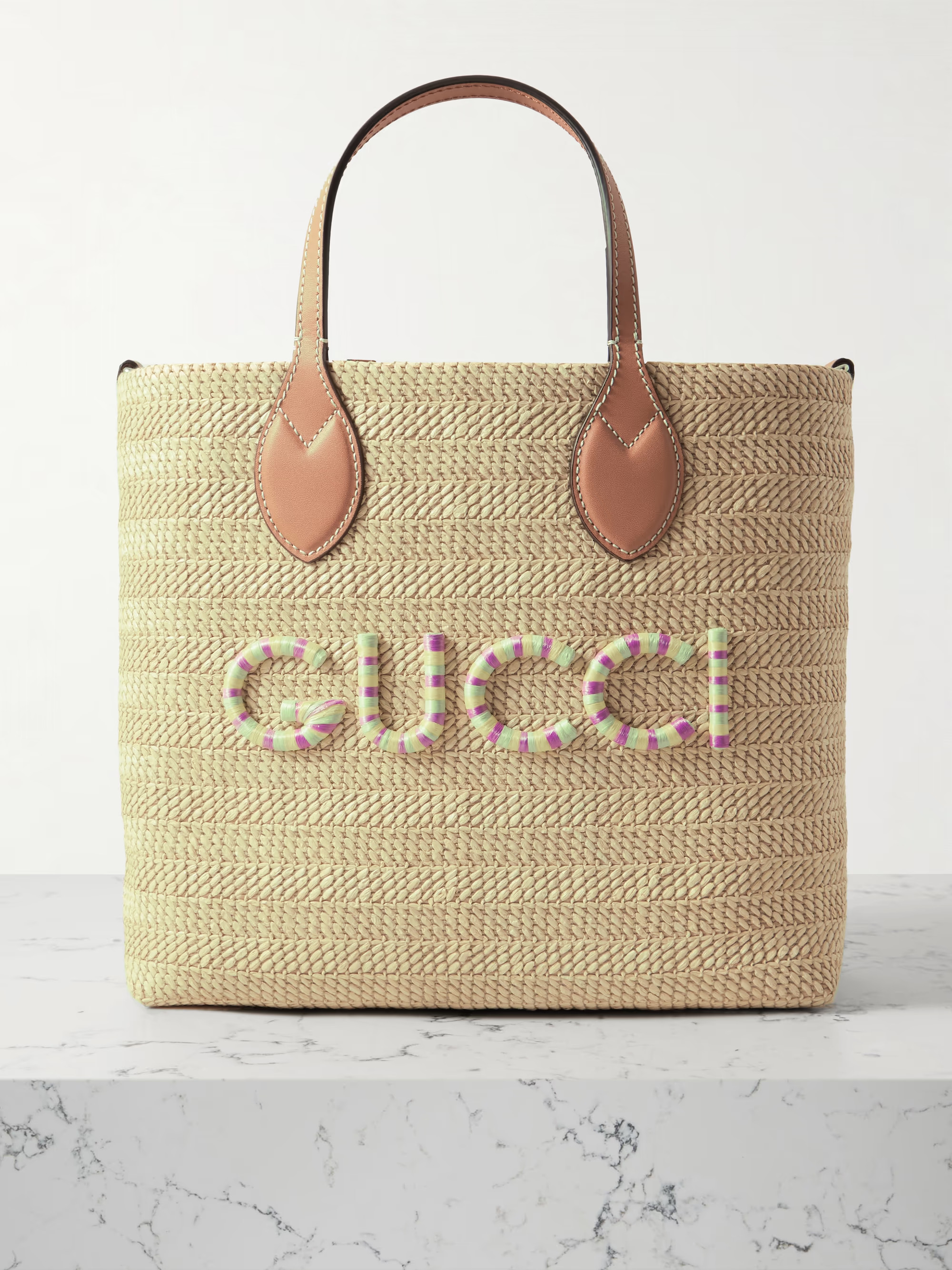 Leather-trimmed appliquéd raffia tote | NET-A-PORTER (US)