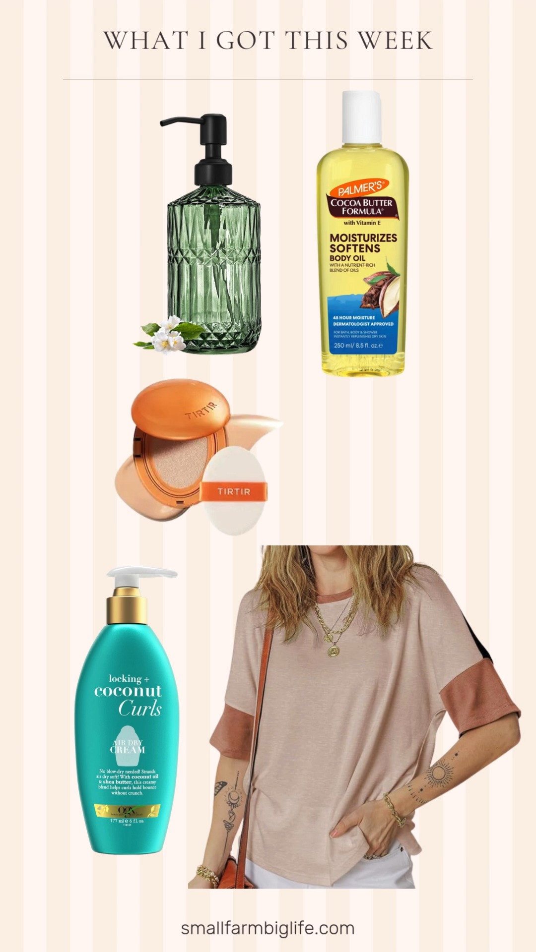 I got this green glass dispenser for my favorite body oil to make it easier to use. I got this new foundation. I love the coverage and color! I got this new curl cream to try. I got this really comfy medium weight drop shoulder tee. I'm going to get more colors in this one. It's so good. 

 #LTKselfcare #LTKstorytime #LTKOver40