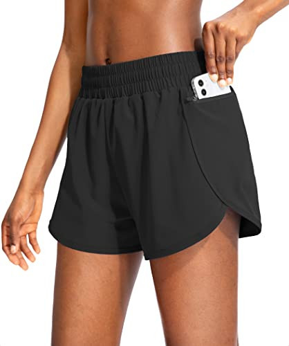 Soothfeel Womens Running Shorts with Zipper Pockets High Waisted Athletic Gym Workout Shorts for Women with Liner Black | Amazon (US)
