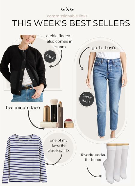 This week’s bestsellers
Fleece jacket
Levi’s jeans
Striped t-shirt
Boot socks
Merit makeup 