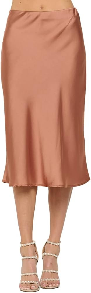 Women Solid High Waist Silky Casual Elastic Satin Midi Skirt -Made in USA (Available in Plus Size... | Amazon (US)