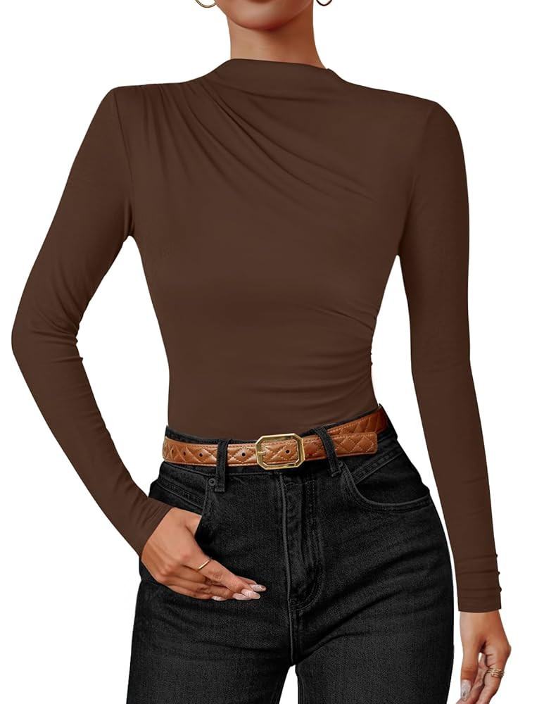 ZESICA Women's Long Sleeve Tops Mock Neck Ruched Tight Shirts 2025 Fall Trendy Outfits | Amazon (US)