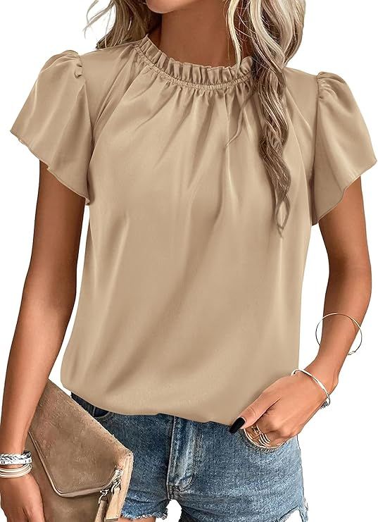 PRETTYGARDEN Womens Summer Satin Casual Ruffle Short Sleeve Crewneck Tops | Amazon (US)