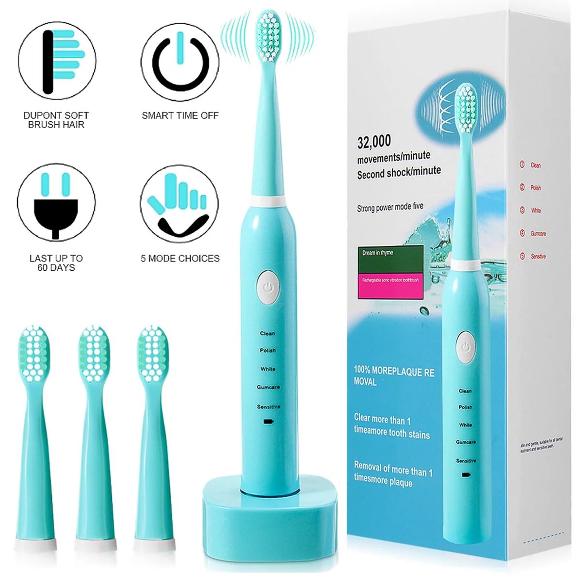 Sonic Electric Toothbrush with 4 Brush Heads for Adult Kids, IPX7 Waterproof Rechargeable 5 Brush... | Walmart (US)