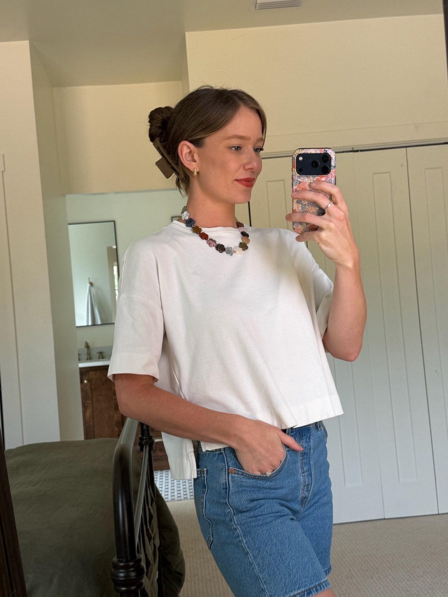 Recent outfit! Basic boxy white tee and my favorite denim shorts. Elevating the look with this gemstone necklace and jelly sandals✨

#LTKgrwm #LTKmomlife #LTKootd