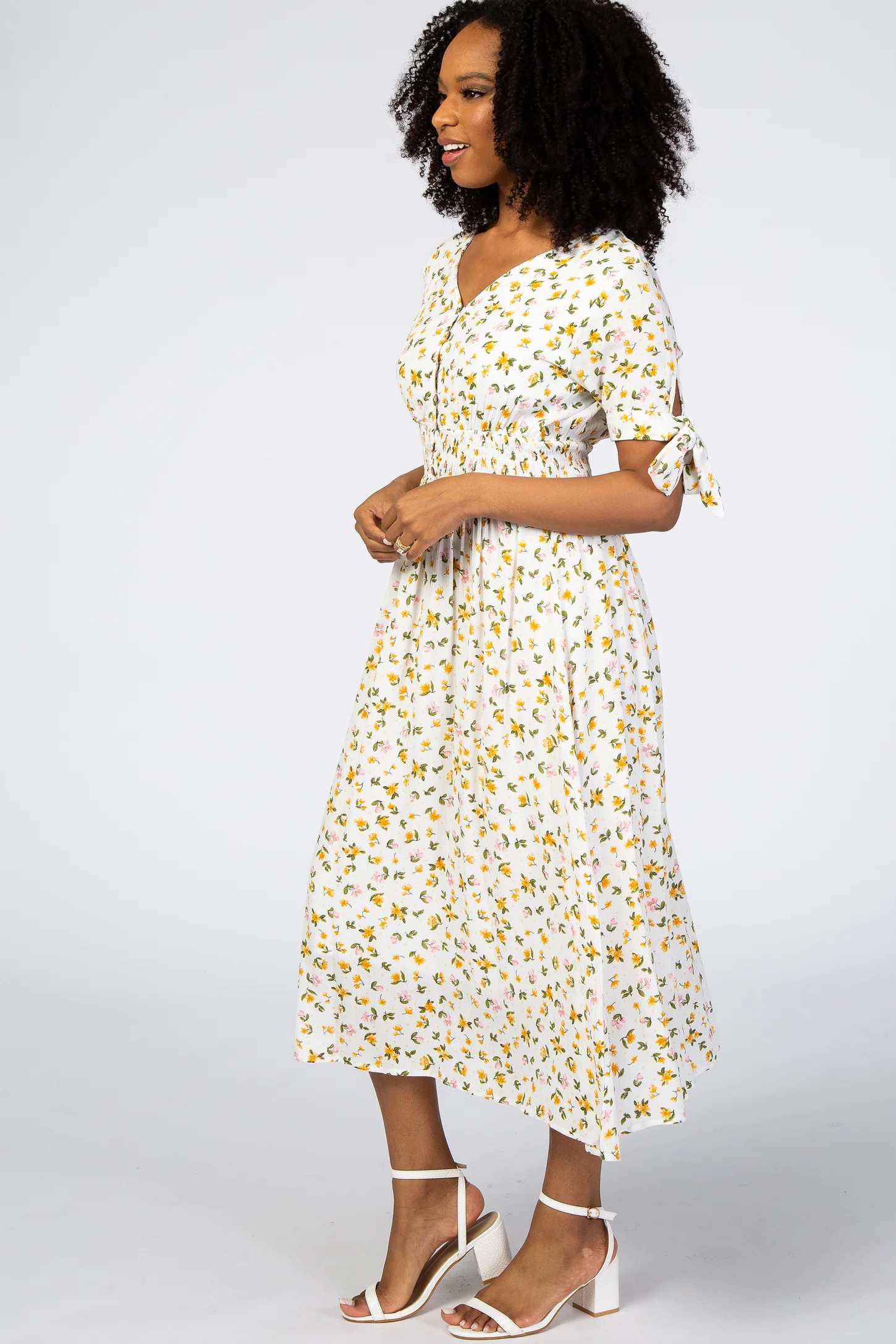 Ivory Floral Tie Sleeve Midi Dress | PinkBlush Maternity
