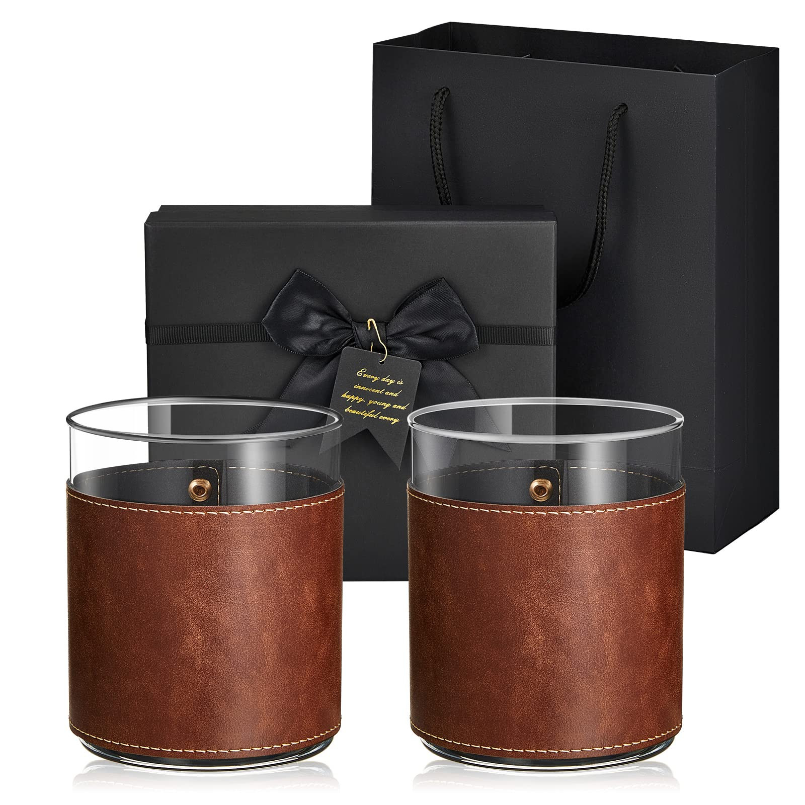 2 Sets Leather Rocks Glasses 11.5 oz Leather Wrapped Whiskey Glasses with Gift Box Glass Sleeve B... | Amazon (US)
