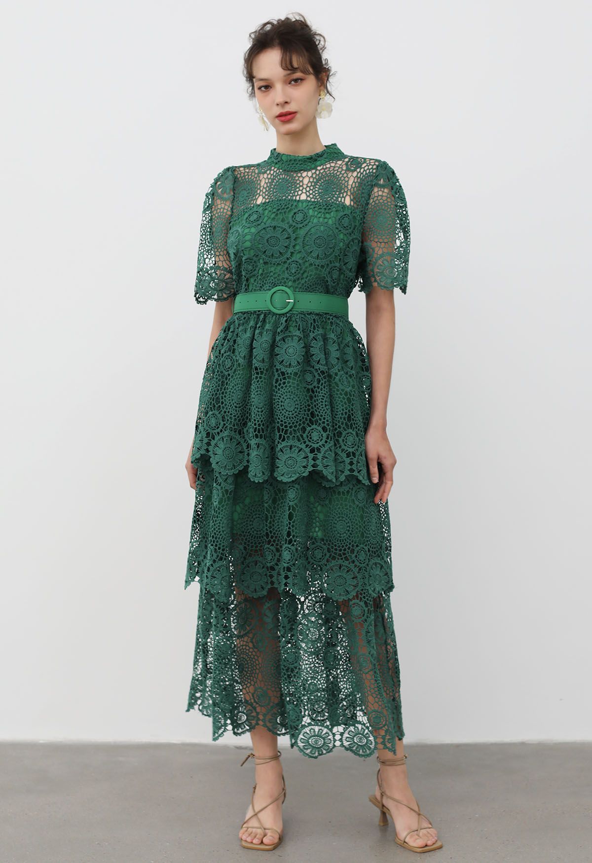 Cutwork Lace Belted Tiered Maxi Dress in Dark Green | Chicwish