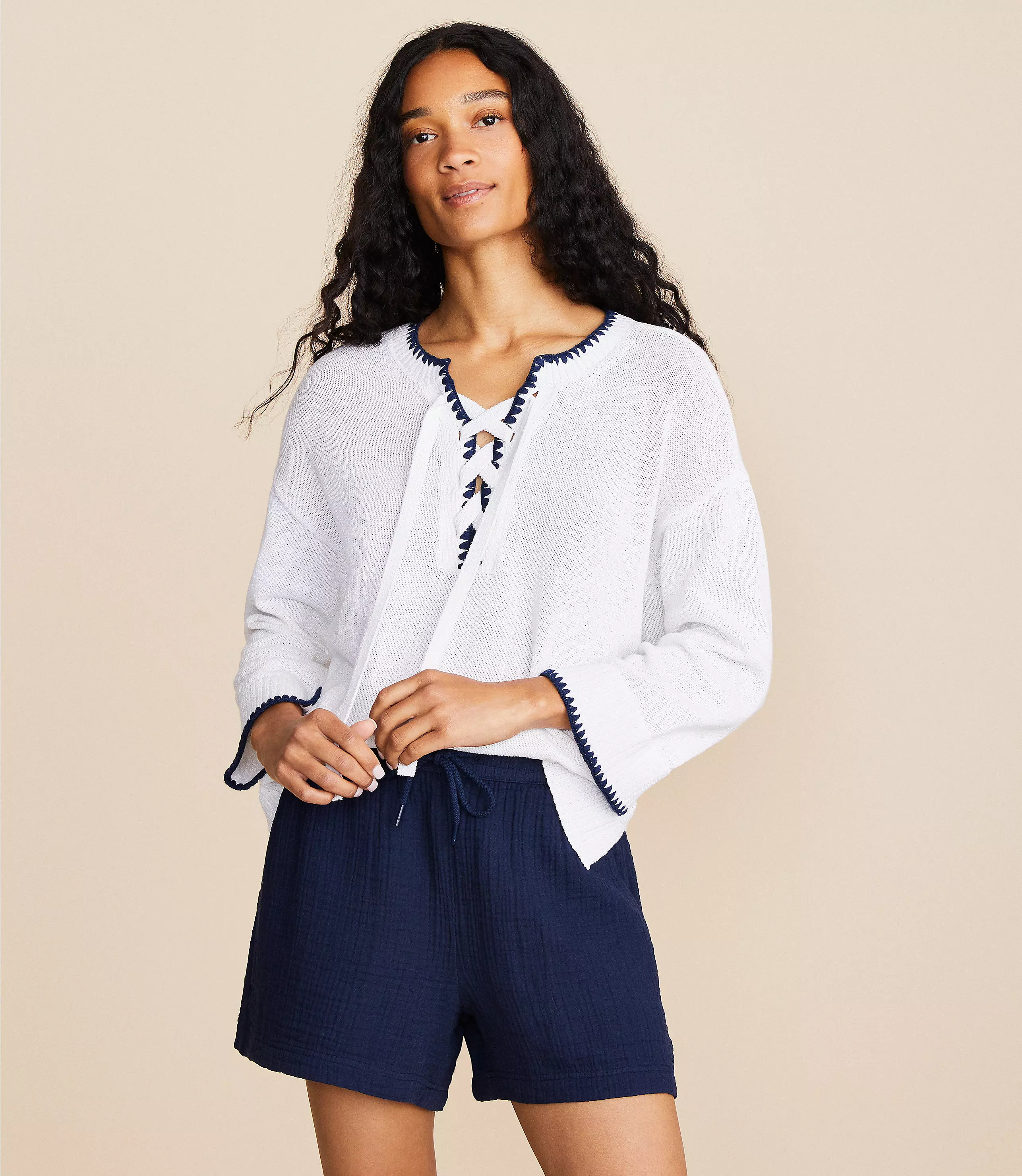 Lou & Grey Crochet Lace Up Sweater | LOFT