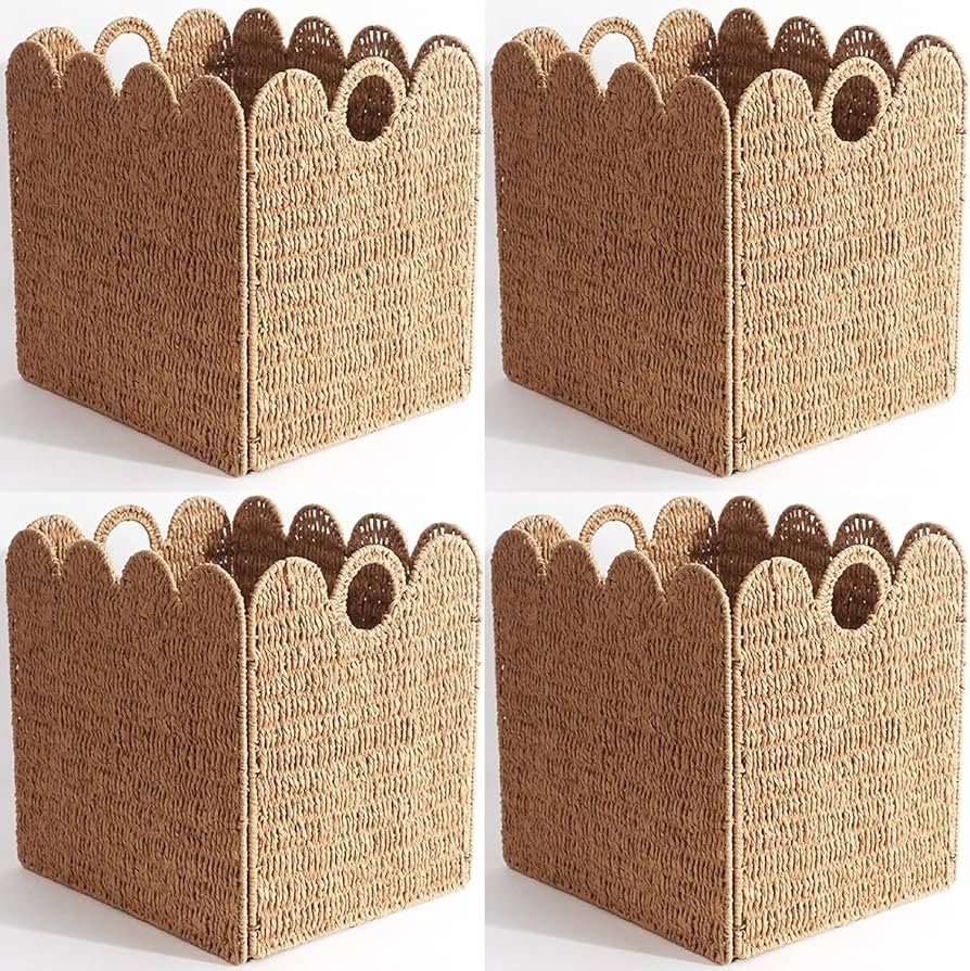Scalloped Wicker Storage Cubes Basket, 12”x12“ Heavy Duty Paper rope/Hyacinth/Seagrass Basket... | Amazon (US)