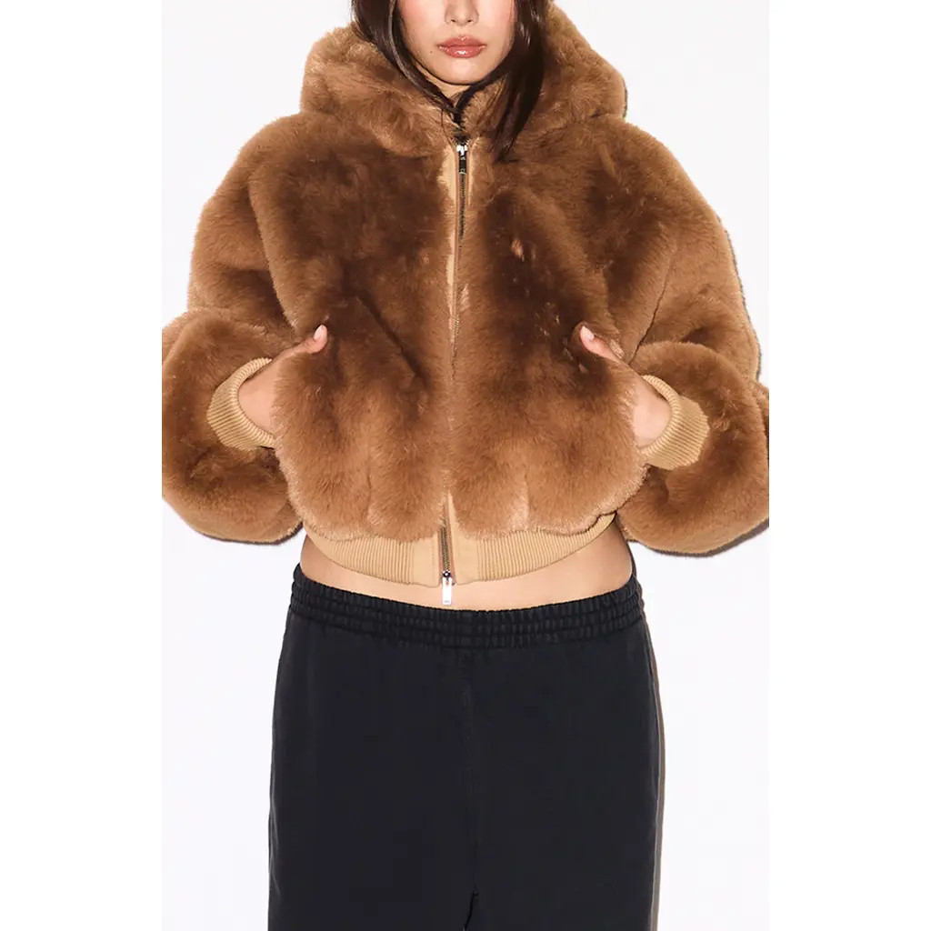 SKIMS Shrunken Faux Fur Hoodie Jacket in Camel at Nordstrom, Size X-Small | Nordstrom