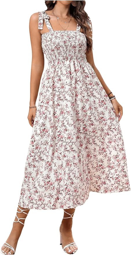 Floerns Women's Floral Print Tie Strap Square Neck Ruffle Boho Maxi Dress | Amazon (US)