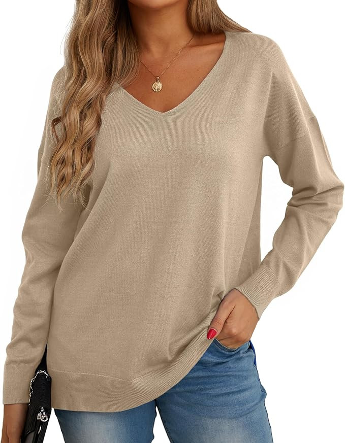 GRECERELLE Women's V-Neck Long Sleeve Side Split Loose Casual Knit Pullover Sweater Blouse | Amazon (US)