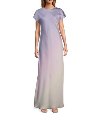 Fallon Printed Satin Ombre Boat Neck Short Sleeve Long Slip Dress | Dillard's