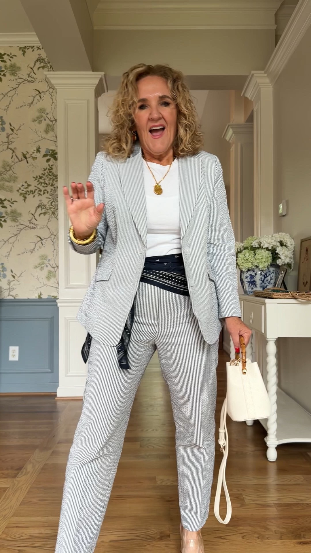 Blazer size 10 petite
Pants size 6 reg
Tee size large
Linking several options for oversized scarves to fit around your waist. Mine is a couple years old.

#LTKootd #LTKOver40 #LTKSaleAlert