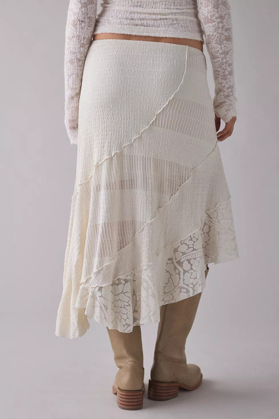 UO Birdie Textured Lace Patchwork Asymmetric Midi Skirt | Urban Outfitters (US and RoW)