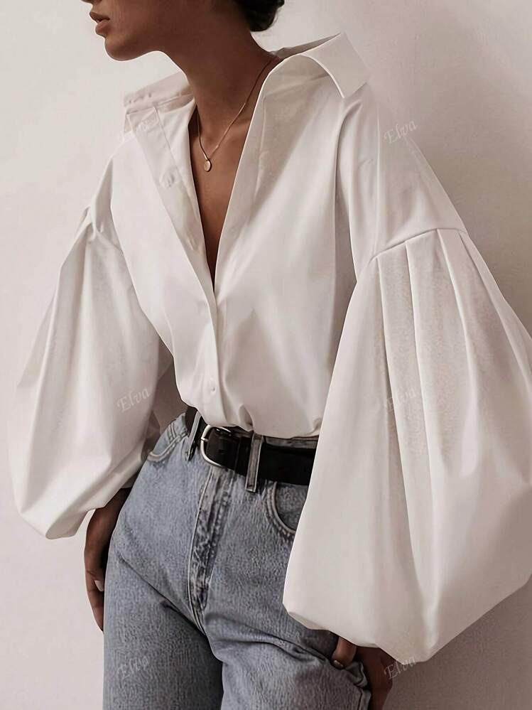 ELVA Women's French Office Style Elegant Drop Shoulder Long Sleeve Single Breasted Loose Relaxed Spring And Summer Back To School Clothes Shirt | SHEIN